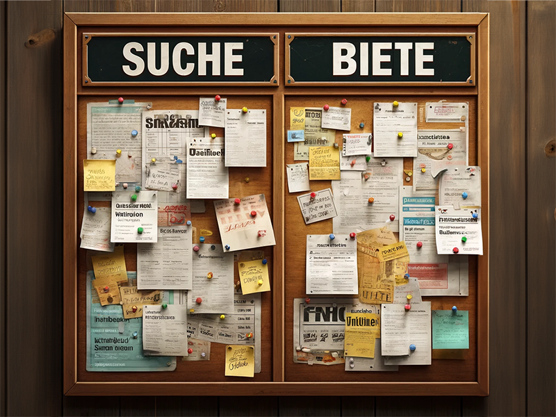 Pinnwand mit Zetteln unter den Kategorien ‘Suche’ und ‘Biete’. [Quelle: ChatGPT]
