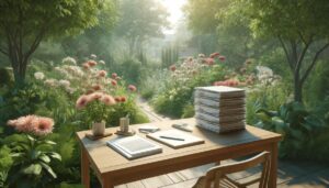Illustration eines Schreibtisches im Garten mit Papierstapeln. Der Holztisch ist von üppigem Grün und Blumen umgeben.