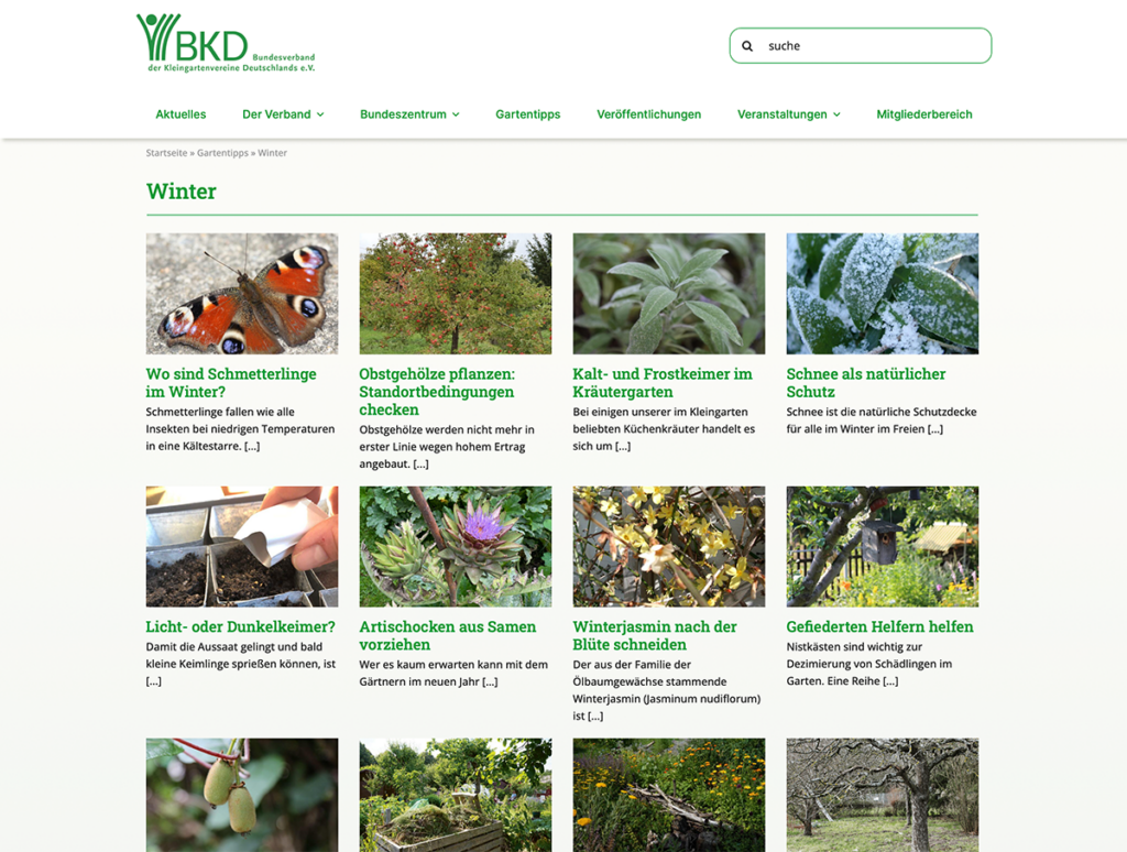 Screenshot der Website „Gartentipps – Winter“ des Bundesverbandes der Kleingartenvereine Deutschlands e. V.