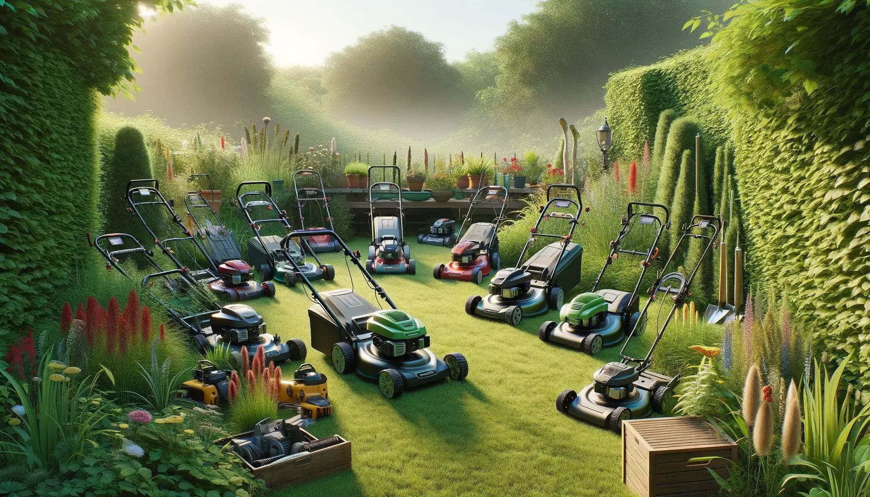 Das Bild zeigt über zehn Rasenmäher, die in einem Garten aufgereiht stehen. [Quelle: ChatGPT]